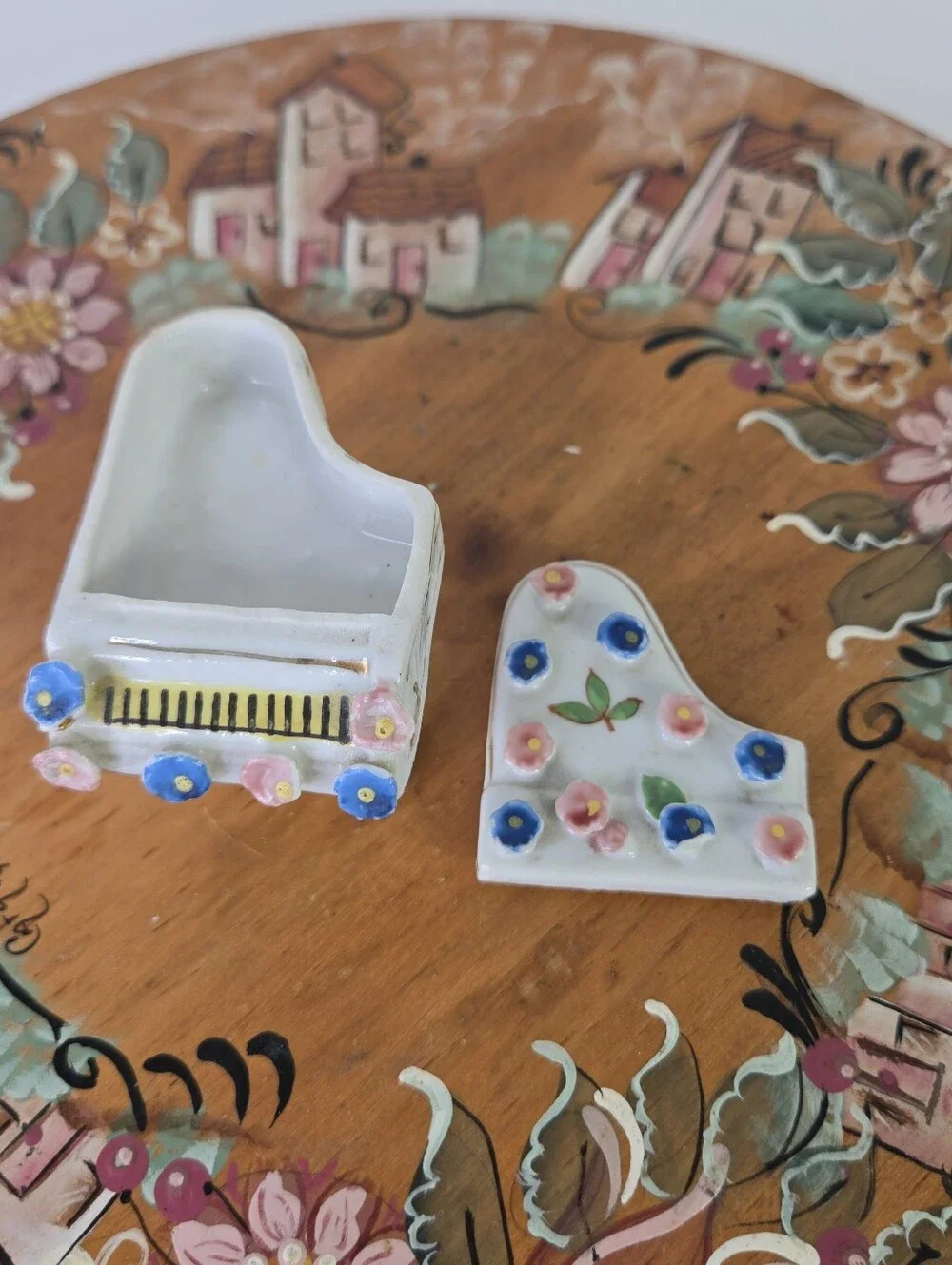 VTG Porcelain Piano Trinket Box Hand Painted Floral Japan Miniature Jewelry Doll